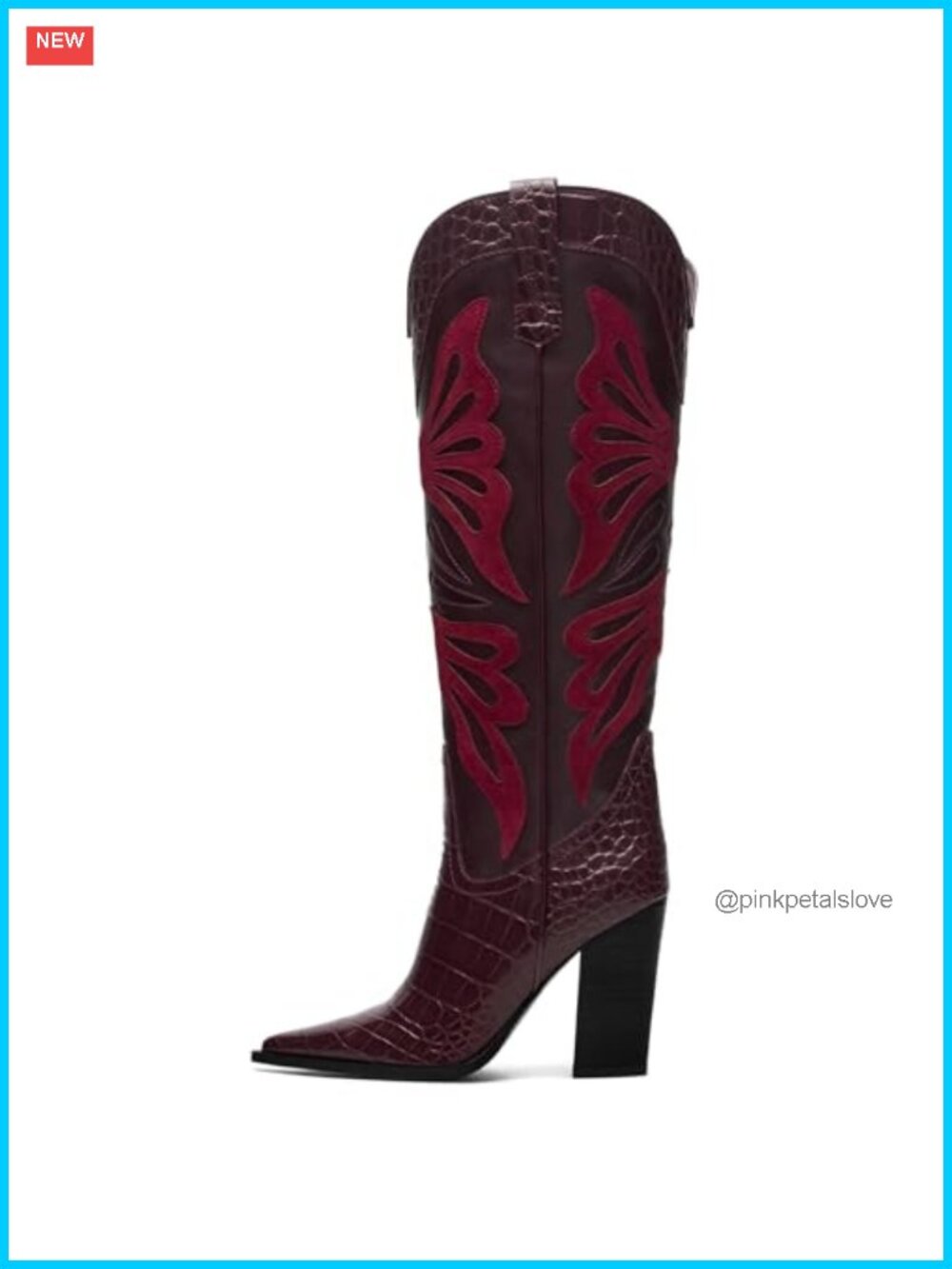 Wide Calf Butterfly Cowboy Boots Pointed Toe Chunky Heel Knee High Western